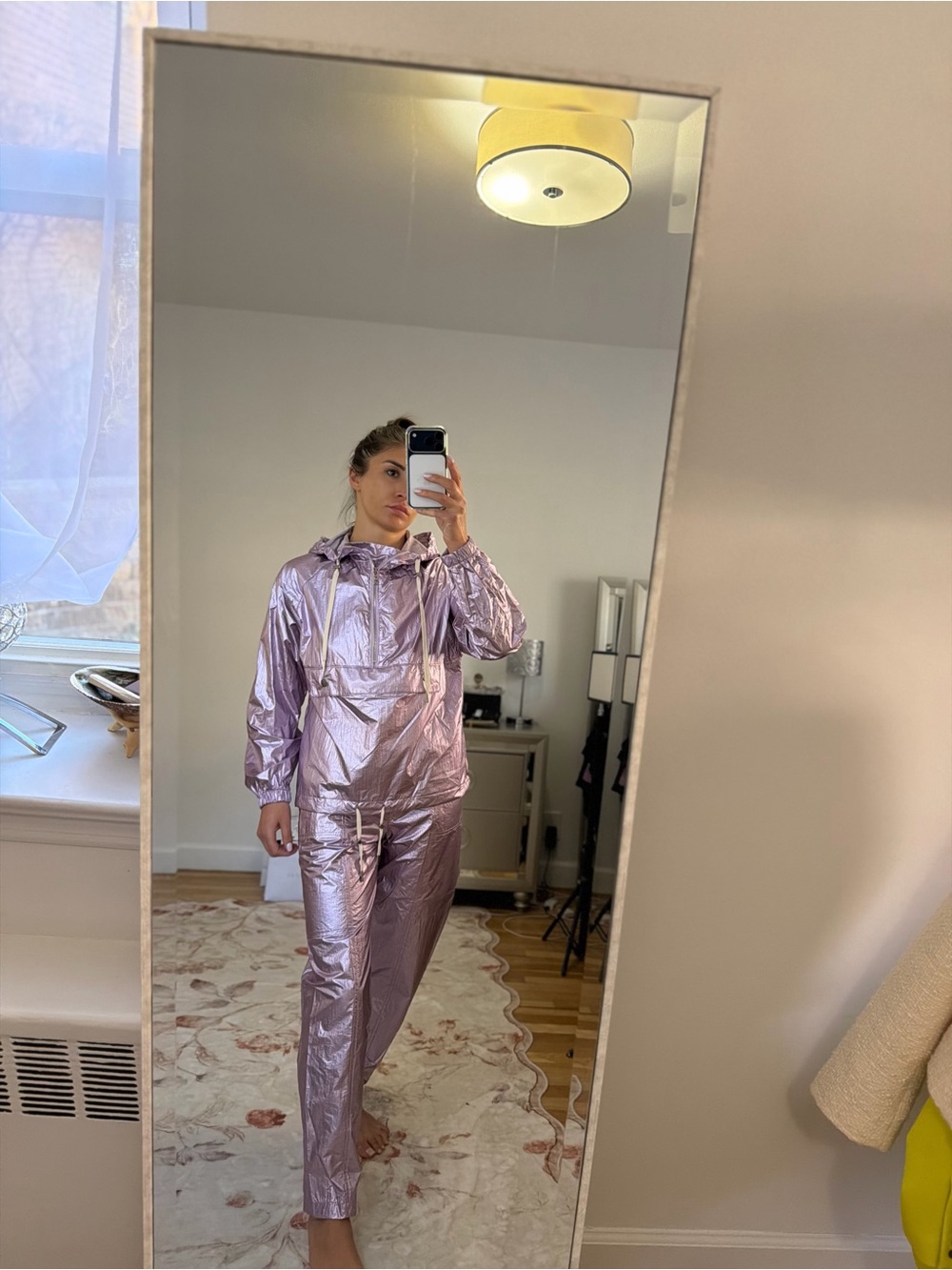 Metallic Lilac Jogger Pants — Women's Shiny Track Pants